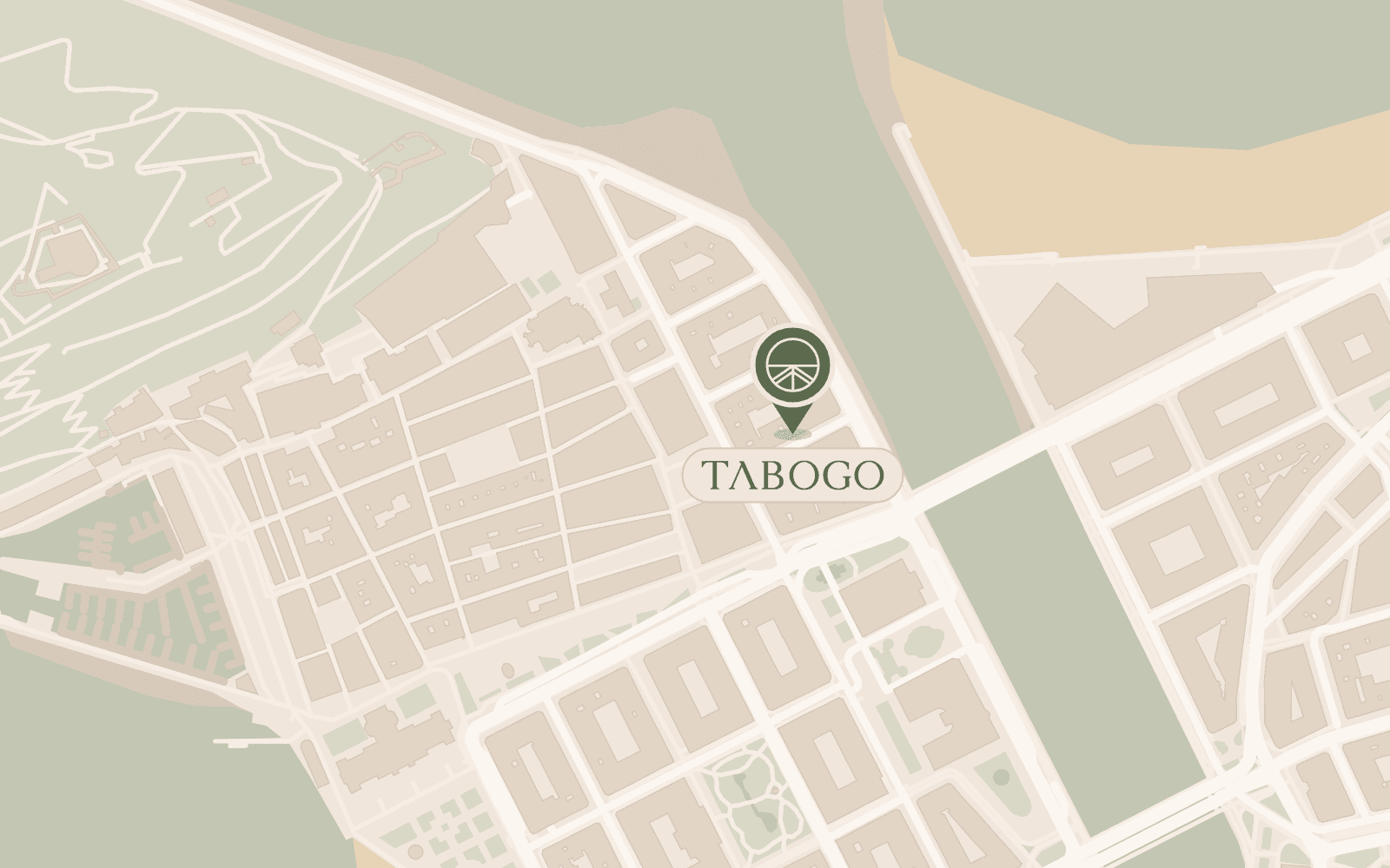 Mapa ilustrado de la Parte Vieja de Donostia con Tabogo marcado en Etxague Jenerala